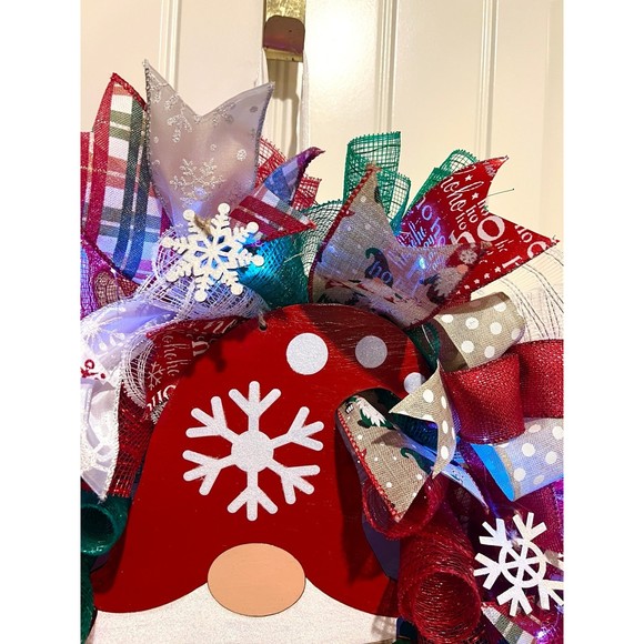 Christmas Snowflake Gnome Holiday Ribbon Door Wreath Handmade 22 ins LED W10 - Picture 9 of 12
